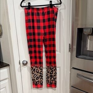 Red and Black Plaid Leggings with Leopard Print